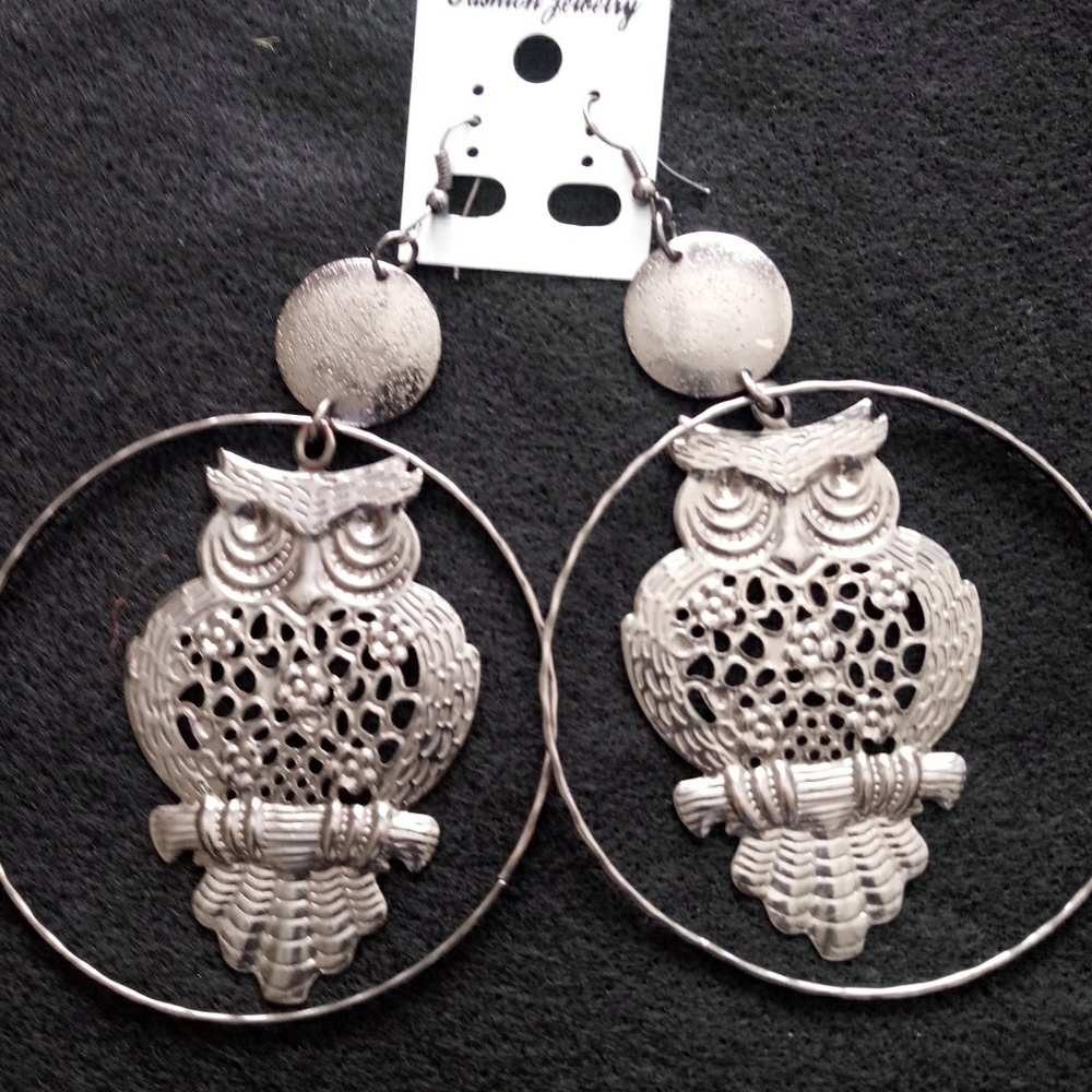 Fashionable Large Silver Owl Earrings